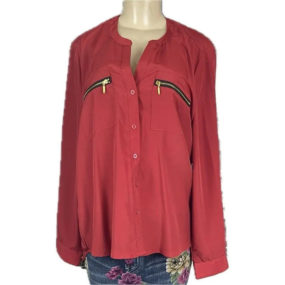 Harve Bernard XL Tomato Red Button Split Neckline Zip Pockets Long Sleeve Blouse - Picture 2 of 6